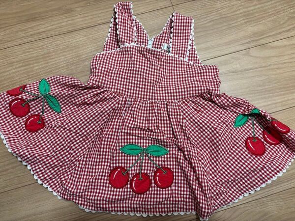 チェリー 赤いギンガムチェック ワンピース 90