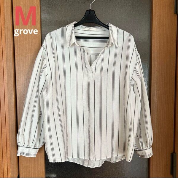 【grove】ストライプ 長袖シャツ M ホワイト