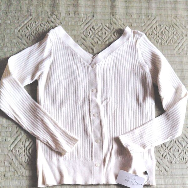 未使用リブニットトップス白 V ネック長袖 M 婦人服 セーター ホワイト 春服 タグ付き