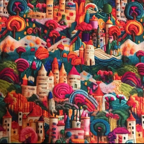 長さ100cm*150cm(幅)新柄 毛糸 立体刺繍風 童話 夢のお城 森林高品質8号細薄帆布 プリント生地 ハギレ生地