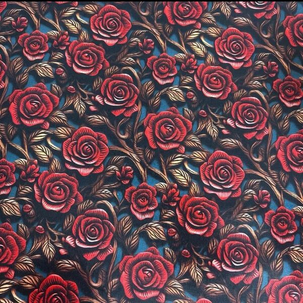 長さ50cm*110cm(幅) 3D立体感 赤薔薇 バラ花柄コットン生地プリント生地ハンドメイド用 シーチングハギレ生地