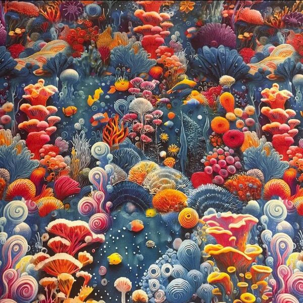 長さ145cm*150cm(幅)一点のみ 立体刺繍風 海洋珊瑚森林高品質8号細薄帆布 プリント生地 ハギレ生地