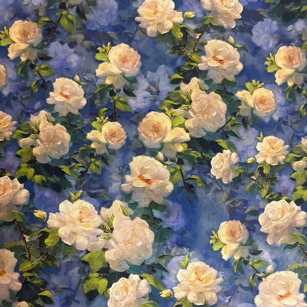 長さ100cm*110cm(幅)春夏新柄 油絵風白薔薇バラ花柄コットン生地プリント生地ハンドメイド用 シーチングハギレ生地
