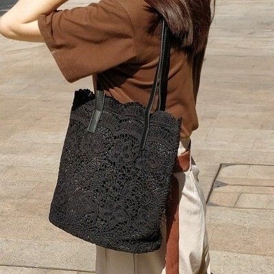 トートバッグ 花柄 レース 黒 ブラック 大容量 マチ付き ショルダーバッグ 肩掛け カジュアル お出かけ フォーマル カゴバッグ