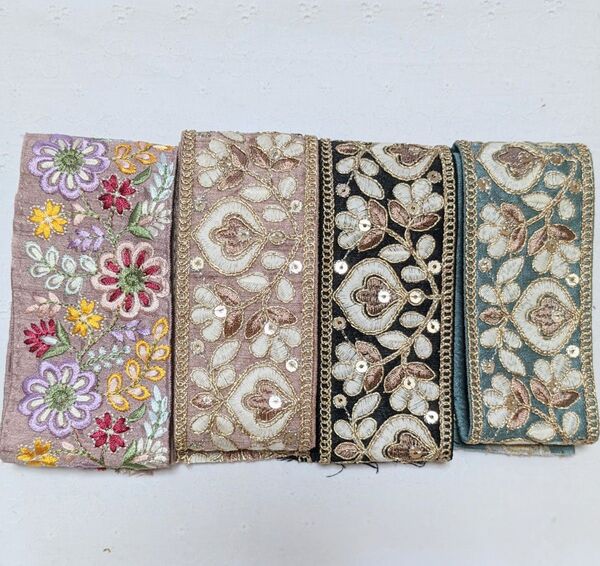 インド刺繍リボン 50cm×4本 アクセサリー、ポーチ ヘアリボン、 ハンドメイド