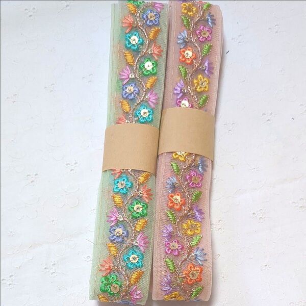 インド刺繍リボン 1.5m×2本セット ハンドメイド アクセサリー ストラップ