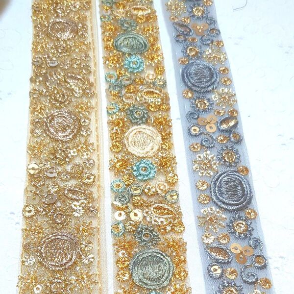 インド刺繍リボン 1.5m×3本 ハンドメイド資材 アクセサリー ストラップなどに