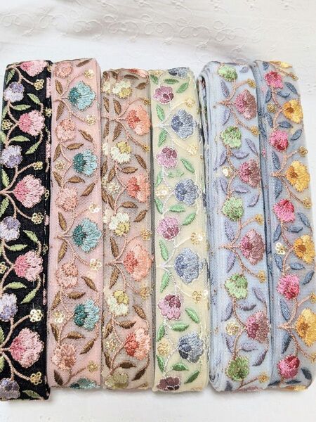 3800⇒3600円 インド刺繍リボン 1.5m×6本 ハンドメイド アクセサリー ストラップ ショルダーベルト