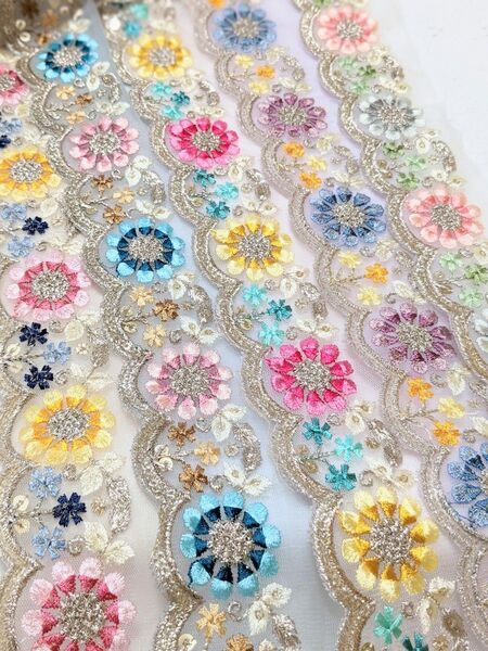 25 インド刺繍リボン 50cm×5本セット カラフル刺繍 アクセサリー ハンドメイド