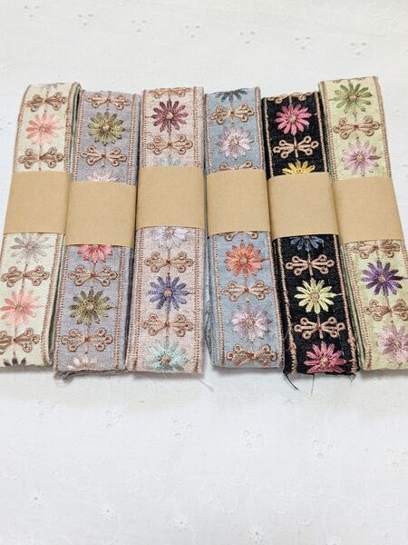 28 インド刺繍リボン 50cm×6本セット アクセサリー ポーチ ハンドメイドなどに