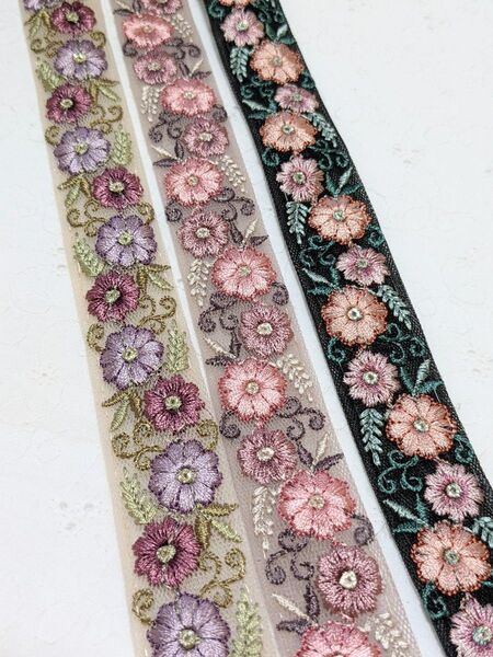 インド刺繍リボン 1.5m×3本 アクセサリー ストラップ ハンドメイド