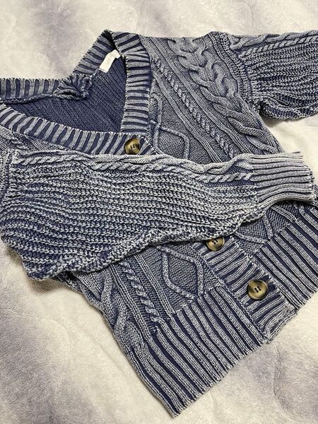 CECIL McBEE カーディガン デニム風 mサイズ 長袖 ニット セーター ダメージ加工 ネイビー系 ケーブル編み