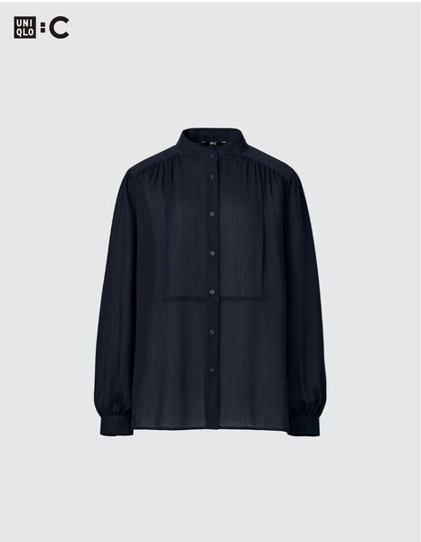 UNIQLO ボリュームスリーブブラウス ネイビー S 長袖シャツ スタンドカラー ユニクロxCコラボ 羽織にも