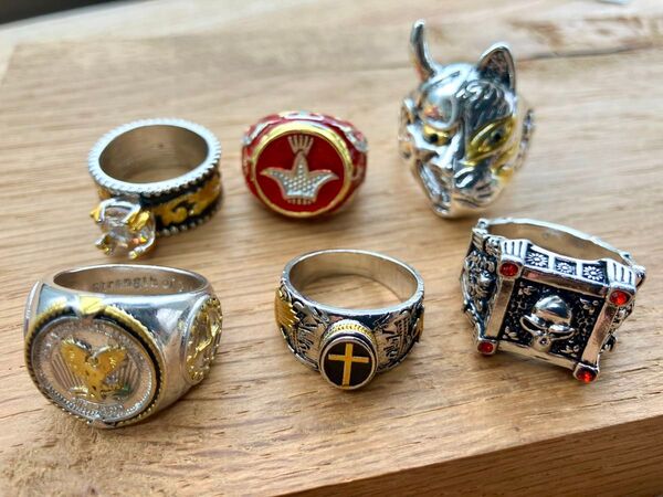 ビンテージ リング 6個 シルバー 指輪 スカル ドクロ 鷹 タカ ファラオ 国王 皇帝 西遊記 アンティーク 当時物 レトロ