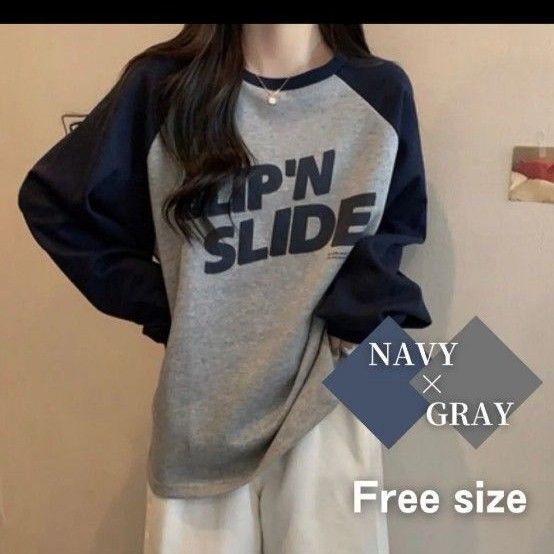 バイカラープリントTシャツ 長袖 春秋 トップス Tシャツ カットソー レディース ネイビー グレー カジュアル フリー ロゴT