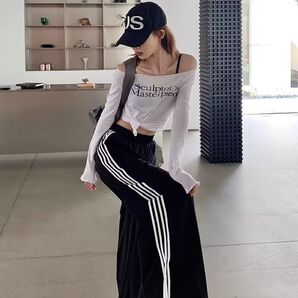 リボン ジャージ パンツ トラックパンツ ルームウェア ストリート黒 F 可愛い 韓国 流行りの