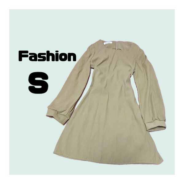 Fashion ミニワンピース ウエスト絞り ウエストマークリボン バックリボン 春服 ブラウン