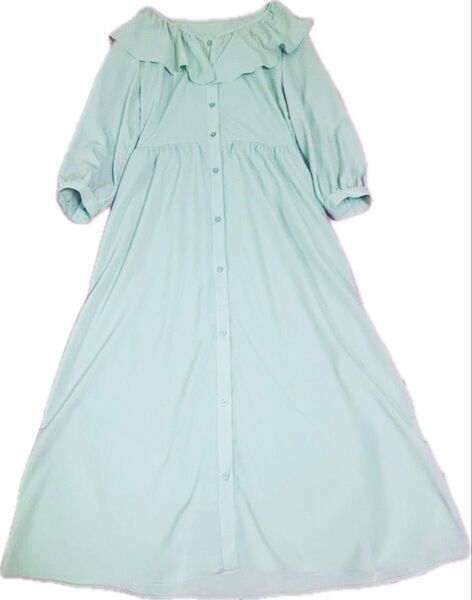 【値下げ】ワンピース ミント グリーン S 春服 可愛い 薄手 ロング ミディ ミモレ 無地 襟 フレア Aライン