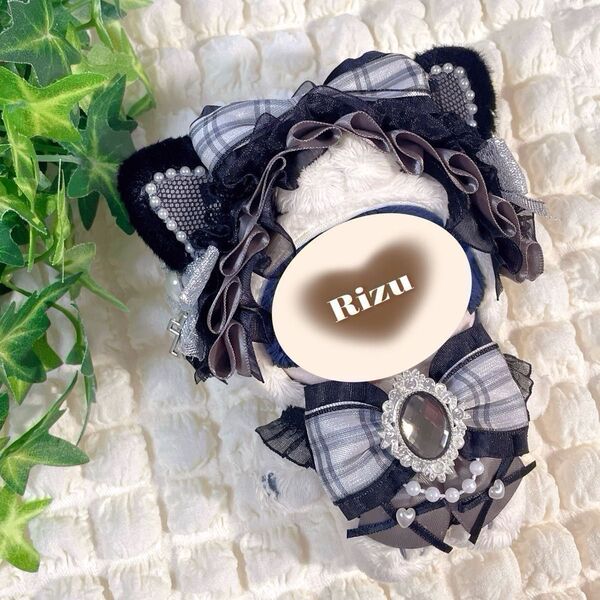 【No.A223】● 14~15cm ● ぬい服 グレー×ブラック 猫耳 ヘッドドレス スタイ