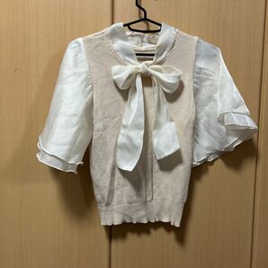 ノースリーブニット×ブラウス ドッキングトップス リボン ベージュ