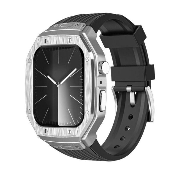 バンド アップルウォッチ カバー ケース Applewatch 一体型 シルバー メタル ラバー シリコン
