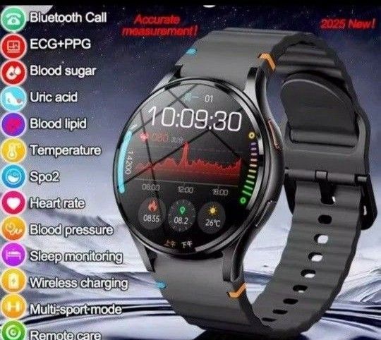 スマートウォッチ 血糖値 心電図 体温計 血圧計 圧力計 血中酸素 BMI体脂肪測定 日本語対応 通話機能付き 軍用規格 ブラック