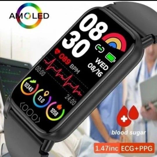 スマートウォッチ 血糖値 尿酸 血中脂肪/酸素 ECG+PPG 体温計/血圧計/歩数/心拍数 日本語対応 電話通知機能 ブラック