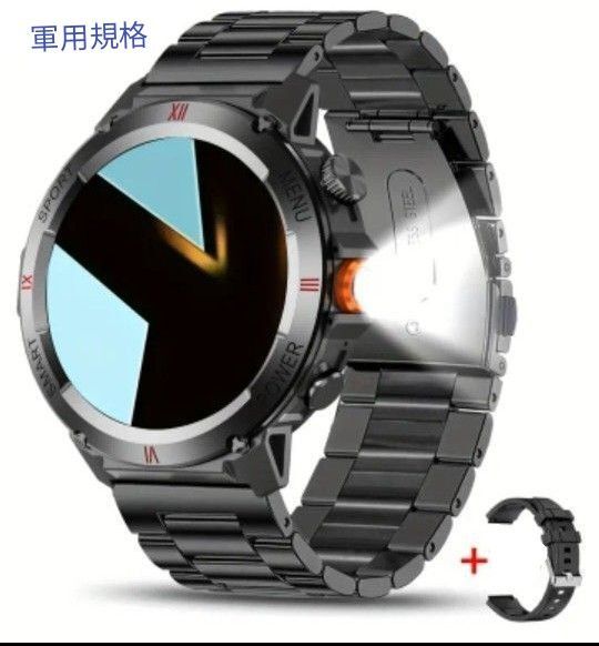 スマートウォッチ 軍用規格 日本語対応 通話機能付き 健康管理モニター LED懐中電灯 2025年 X22 新品 バンド2個付き