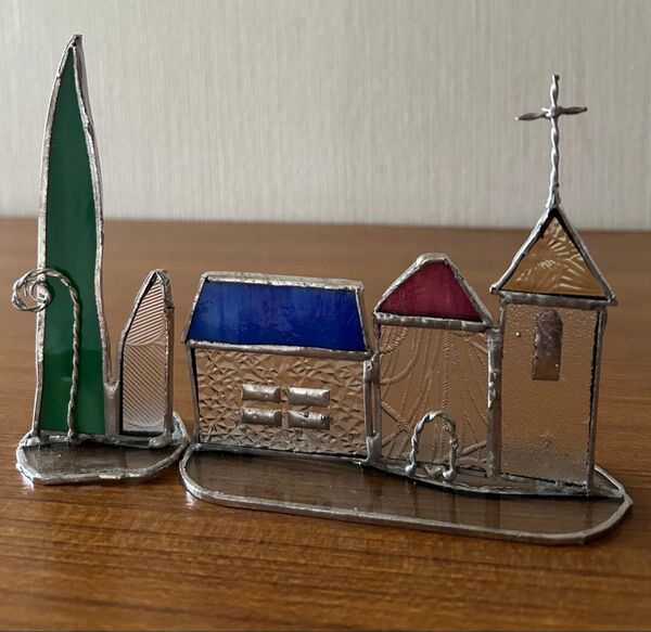ステンドグラス 森と小さなお家 教会 昭和レトロガラス ハンドメイド