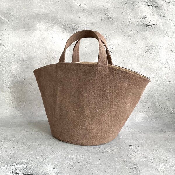 ハンドメイド 帆布の丸底マルシェバッグ バケツ型 ブラウン ハンドメイド
