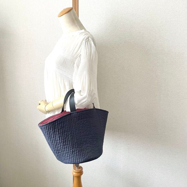 ハンドメイド 丸底 マルシェバッグ ヌビバッグ キルティング ネイビー