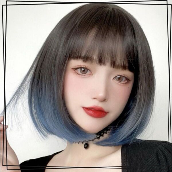 ウィッグ グラデーションカラー ブルー 青 フル 小顔 姫 ブラウン 茶色 ボブウィッグ ぱっつん前髪 フルウィッグ ショートボブ