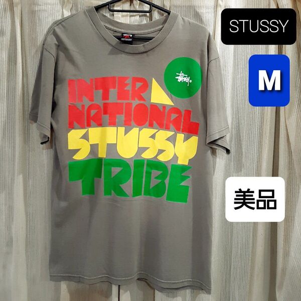 美品 STUSSY INTERNATIONAL ステューシーTRIBE Tシャツ M カーキ ラスタカラー カラフルプリント 半袖
