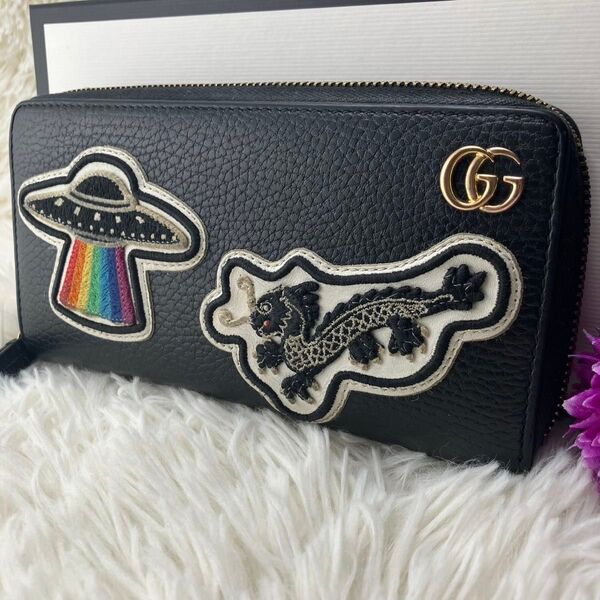 希少/極美品 グッチ 長財布 ラウンドファスナー GGマーモント クーリエ 黒