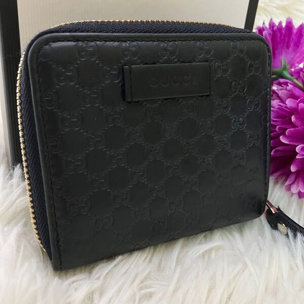 美品 GUCCI 二つ折り 財布 マイクロ グッチ シマ ラウンドファスナー