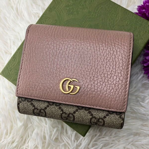 極美 付属完備 GUCCI 二つ折り財布 GG マーモント レザー ベージュ