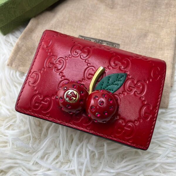 極美品 GUCCI グッチ 折り財布 GGシマ チェリー さくらんぼ レッド赤