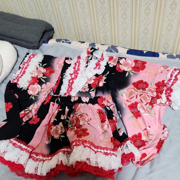 女の子 浴衣ドレス 和風 花柄 フリル レース ピンク 黒 帯&パニエ&巾着セット