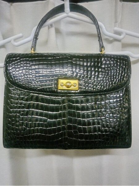シャイニングクロコダイル手提げバック ハンドバッグ クロコダイル ゴールド金具 ワニ革 黒 ブラック レザー