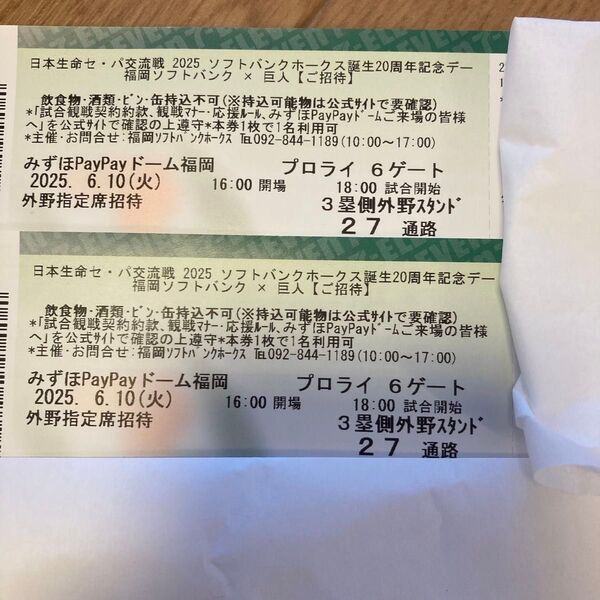 【2枚】ソフトバンクホークスvs巨人 外野指定席 6/10(火) 交流戦 チケット 2連席 20周年記念デー PayPayドーム