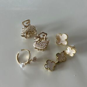 アクセサリー4点セット パールリボンリング パールミニヘアクリップ アシメフラワーイヤリング
