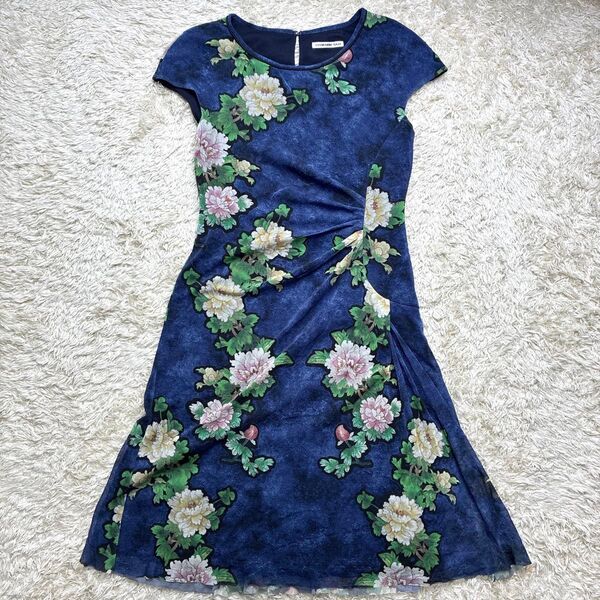 美品 VIVIENNE TAM ヴィヴィアンタム ワンピース パワーネット 花柄 ノースリーブ ブルー 0