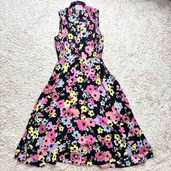 美品 ケイトスペードニューヨーク 花柄 ノースリーブ フレア ロング ワンピース L相当