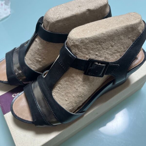 Clarks ウェッジソールサンダル レザー ブラック 24cm