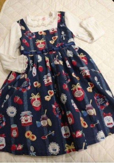 【中古】メゾピアノ ジャム瓶柄 ワンピース ネイビー 総柄 発表会 結婚式 長袖ワンピース 女の子 キッズ クッキー