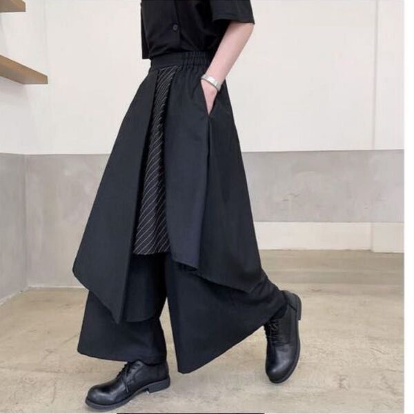 ブラック ユニセックス 袴パンツ ワイドパンツ 重ね着風 スカンツ ガウチョパンツ モード系 黒