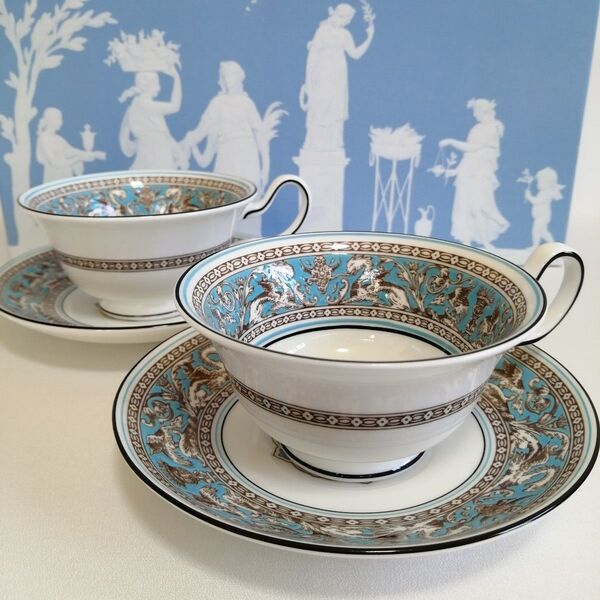 【未使用保管品】WEDGWOOD ウェッジウッド ティーカップ&ソーサー フロレンティーン ターコイズ