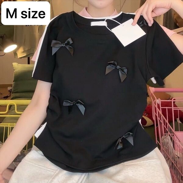 レディース Tシャツ リボン 半袖 韓国 夏服 大人ガーリー キュート