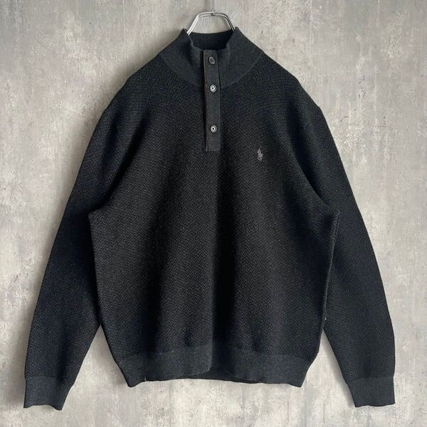 ポロラルフローレン 新品 ハイネック ウールセーター ボタン開閉 レザー切替 L