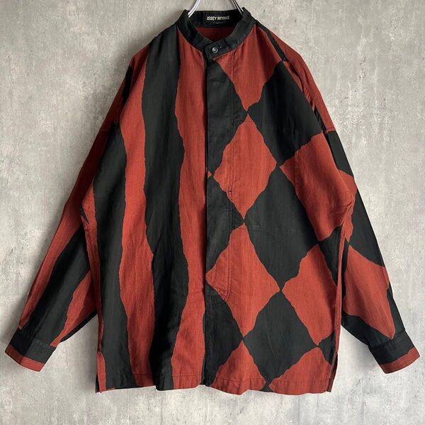 ISSEY MIYAKE MEN 90s 幾何学模様 バンドカラーシャツ 比翼